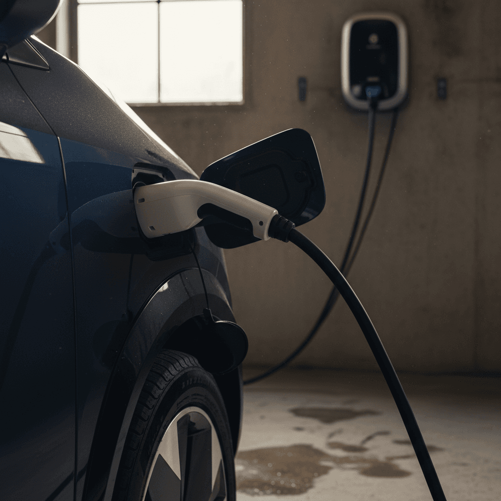Wall-mounted Level 2 EV charger plugged into the charging port of a Nissan Ariya in a residential garage