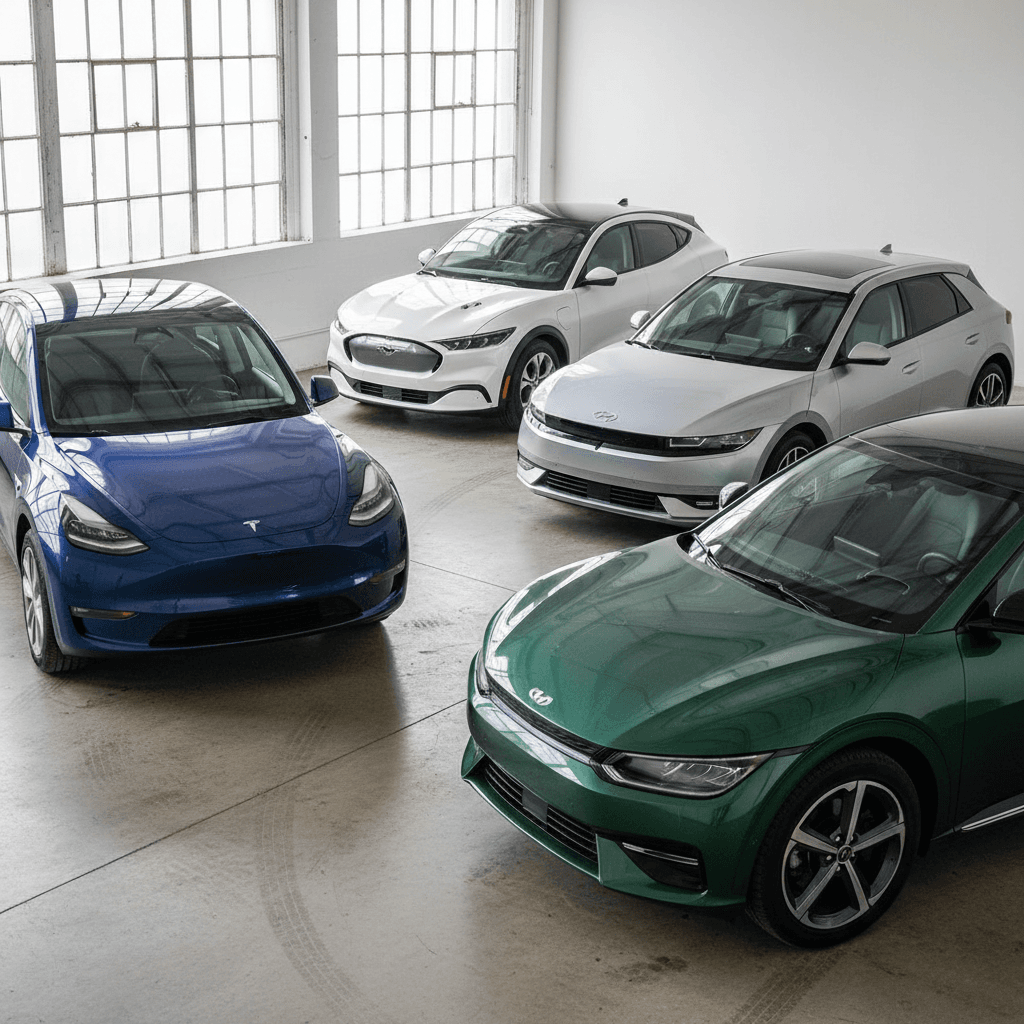 Lineup of several popular modern electric SUVs in different colors, parked in a studio for comparison