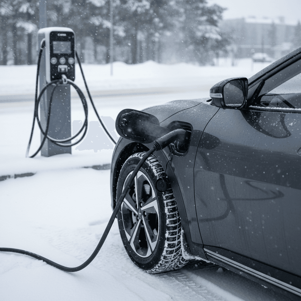 Kia EV6 plugged into a DC fast charger in a snowy parking lot with snow piled around the car