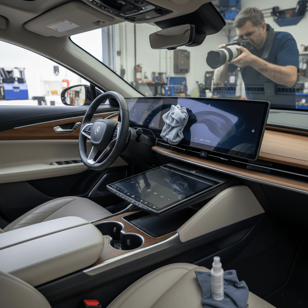 Owner cleaning and photographing the interior of a Lucid Air to prepare it for a used EV listing