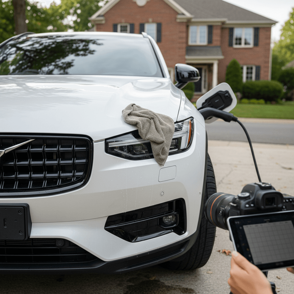 Owner checking range and battery status on a Volvo EX90 center screen before selling the vehicle