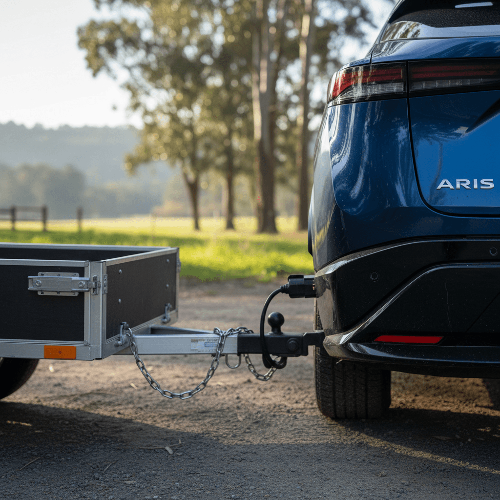 Nissan Ariya backed up to a small utility trailer with a properly installed tow hitch