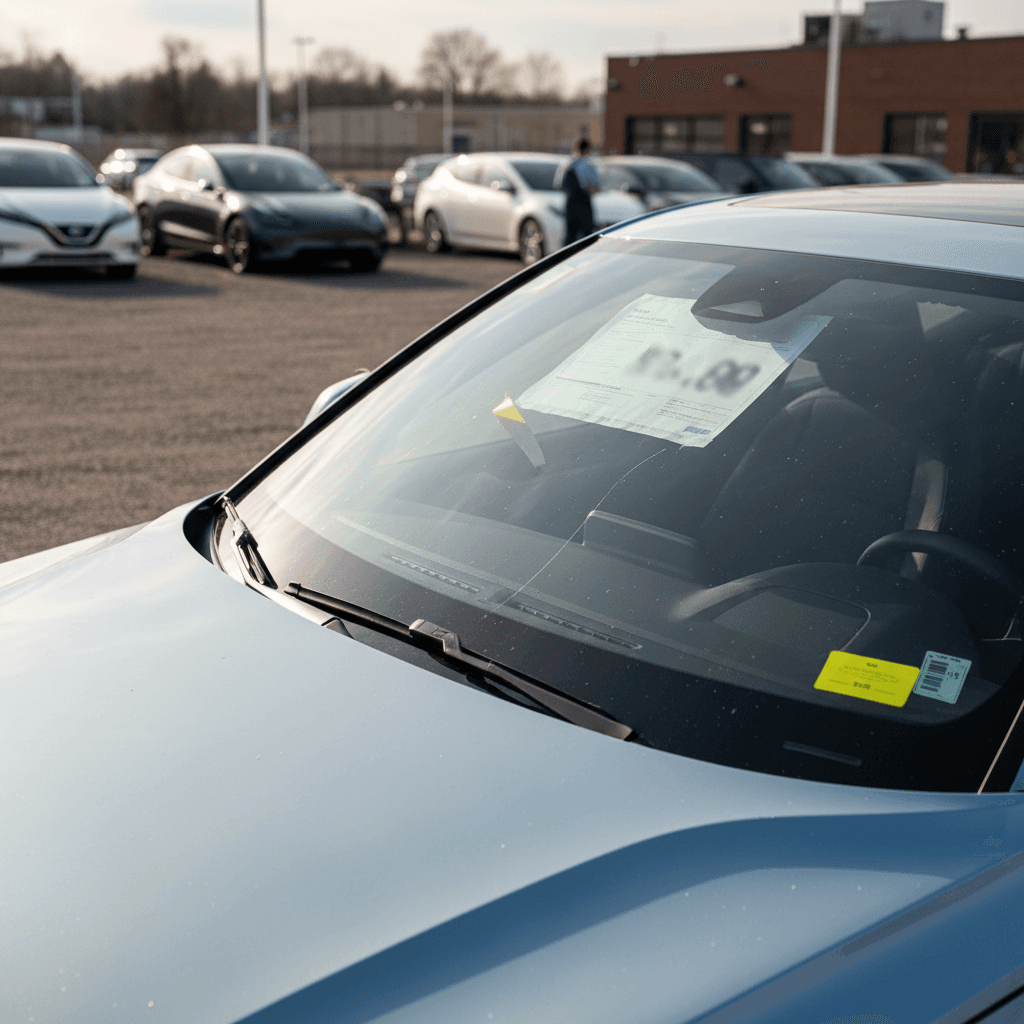 Used Volvo C40 Recharge parked on a dealer lot with a visible price tag, representing trade-in and resale value in 2026
