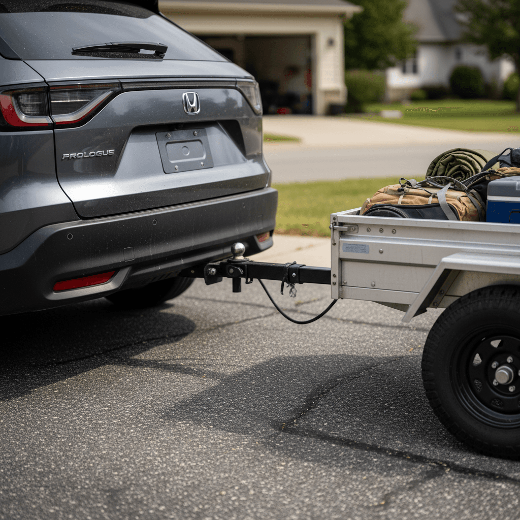 Honda Prologue rear three‑quarter view with a 2‑inch receiver hitch and small utility trailer attached