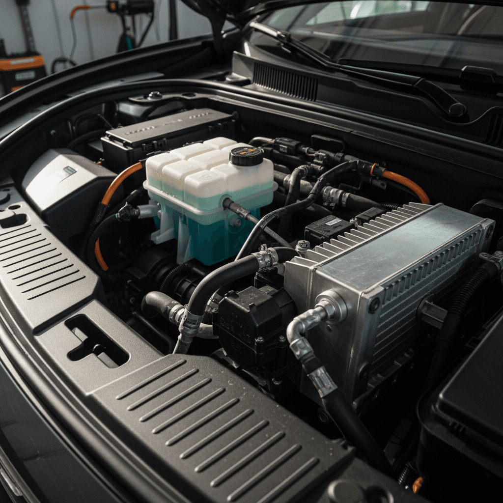 Technician inspecting the coolant reservoir and thermal system plumbing in a Lucid Air frunk