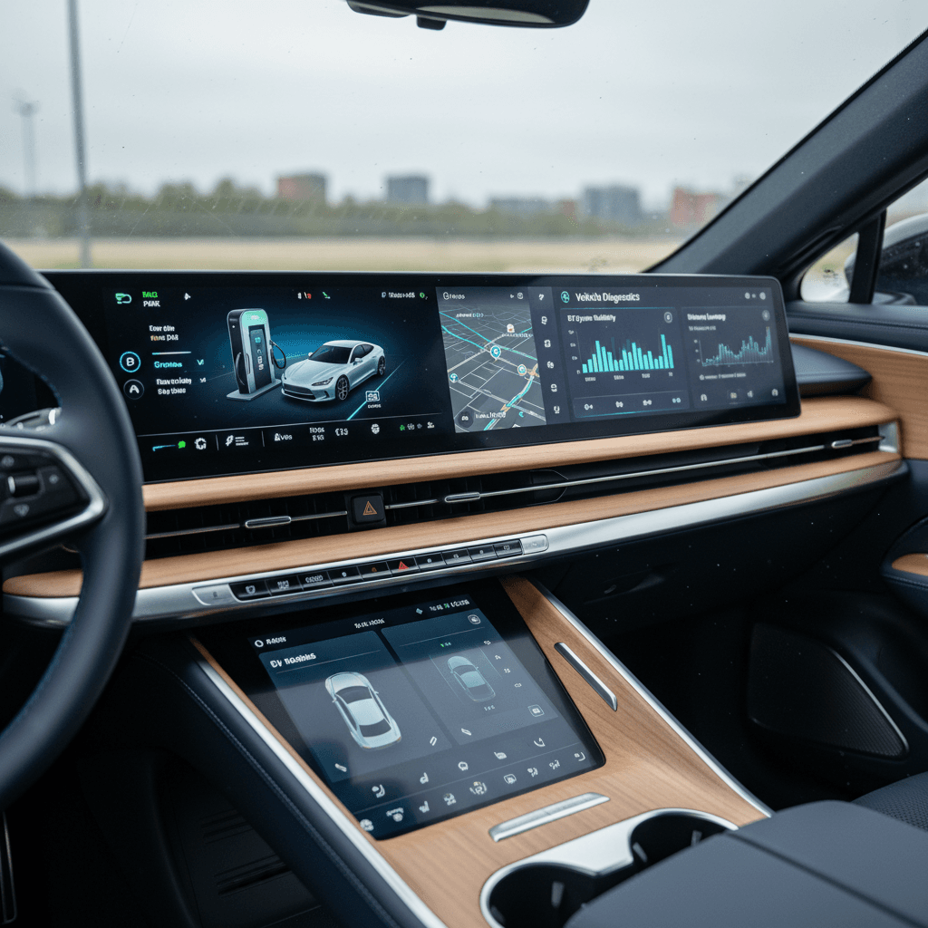 Lucid Air dashboard and twin screens showing navigation and climate controls while parked