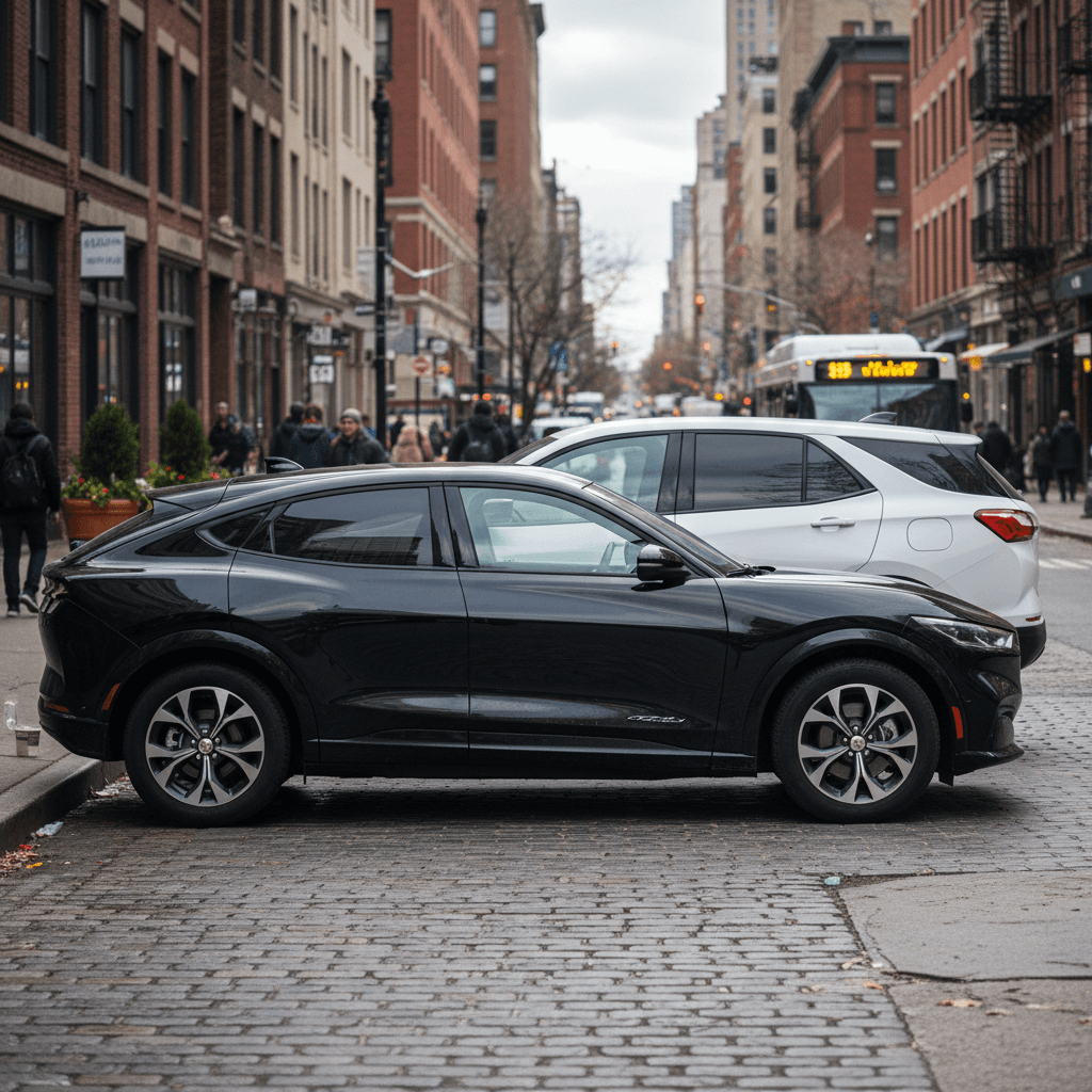 Side-by-side view of a Ford Mustang Mach-E and Chevrolet Equinox EV showing their size and roofline differences