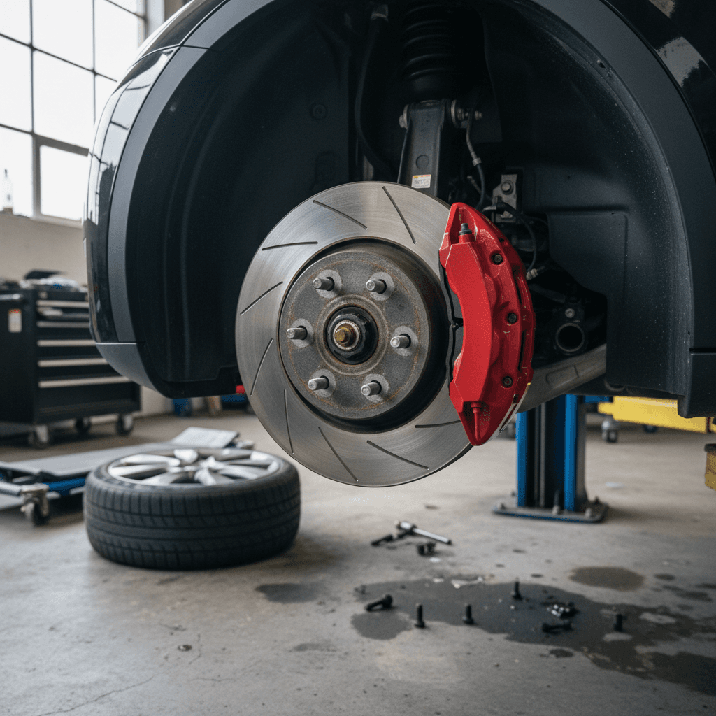 Tesla Model Y front wheel removed in a shop, exposing brake caliper, pads, and rotor during inspection