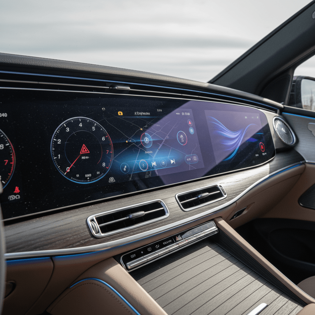 Mercedes EQS Hyperscreen infotainment display showing multiple warning messages and settings menus