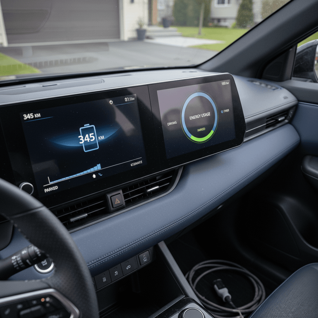 Nissan Ariya interior digital dashboard showing range, energy use, and navigation in a residential driveway