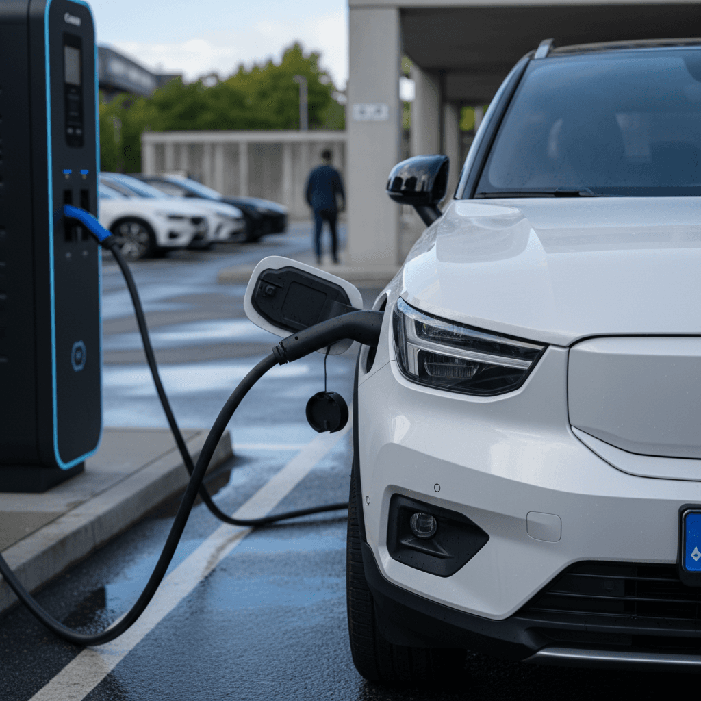 Volvo EX30 plugged into a DC fast charger at a public charging plaza