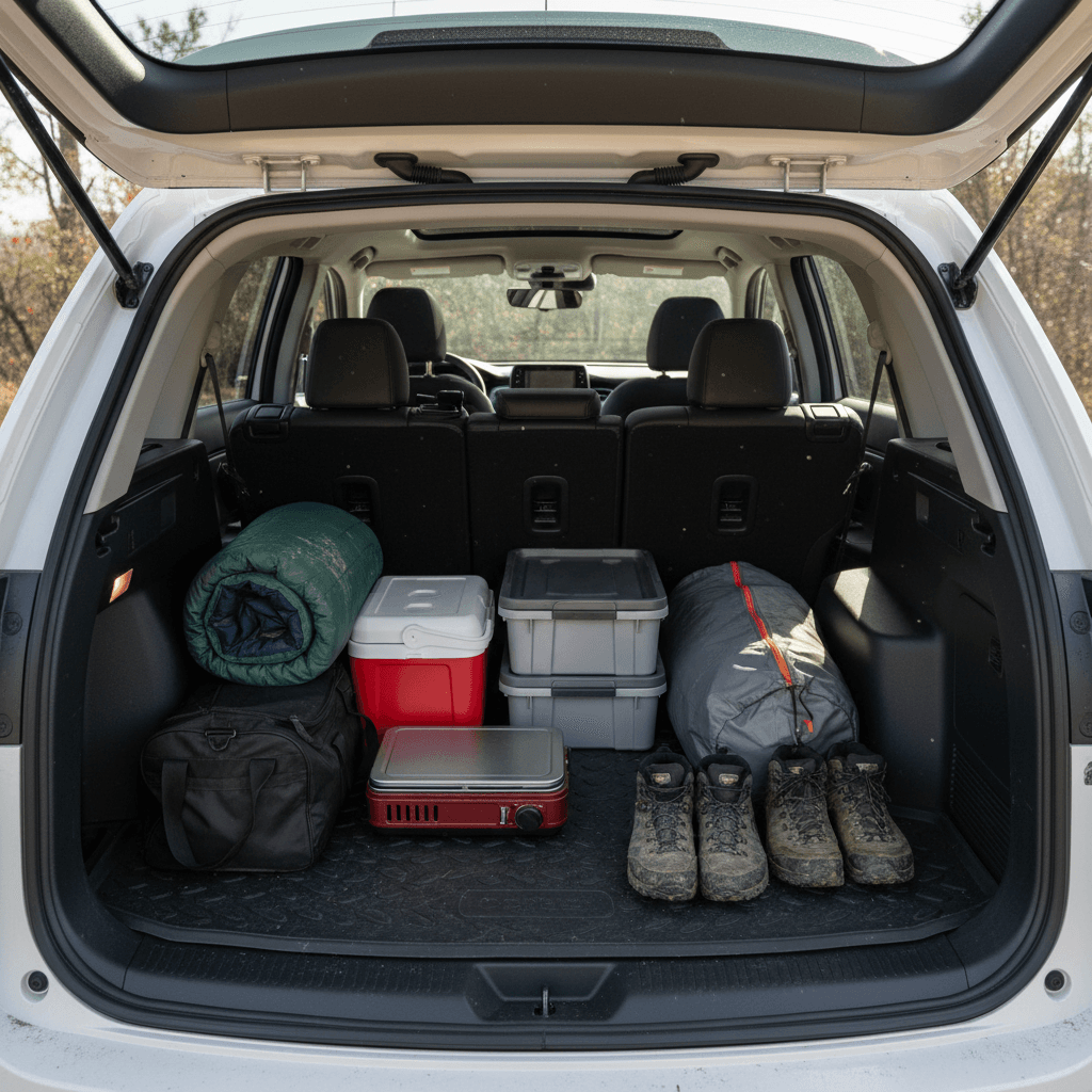Honda Prologue rear cargo area with rear seats folded showing camping gear on a mostly flat load floor