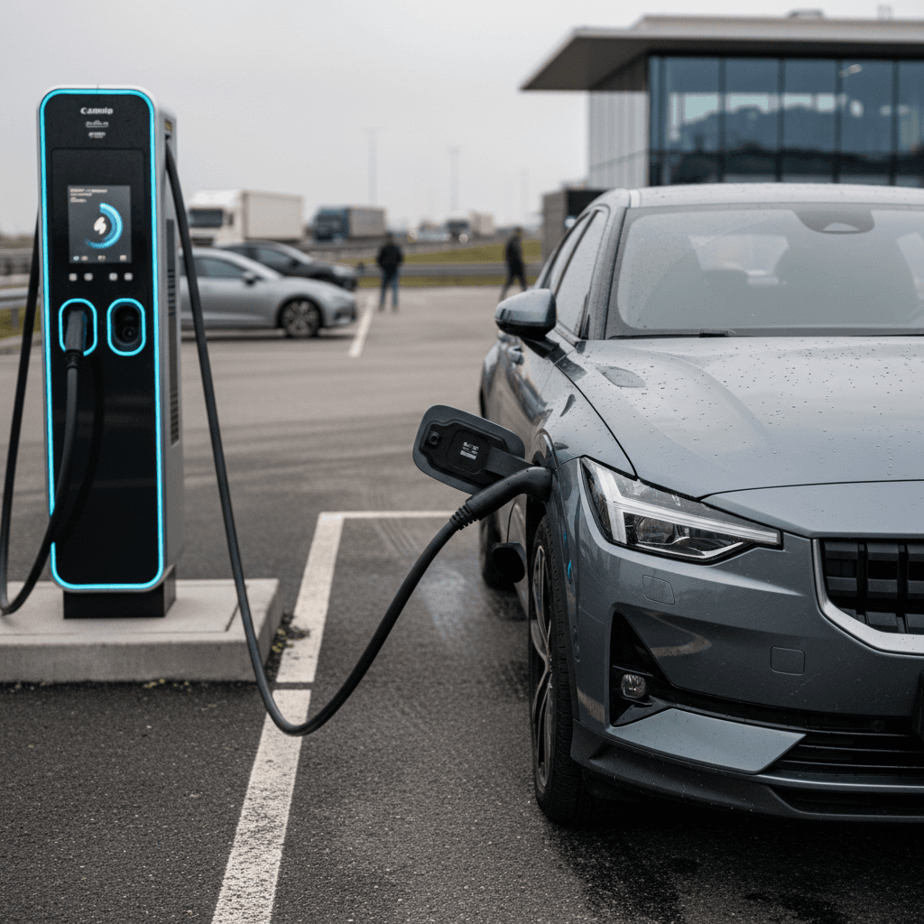 A 2025 Polestar 2 connected to a high-power DC fast charger at a modern highway charging hub