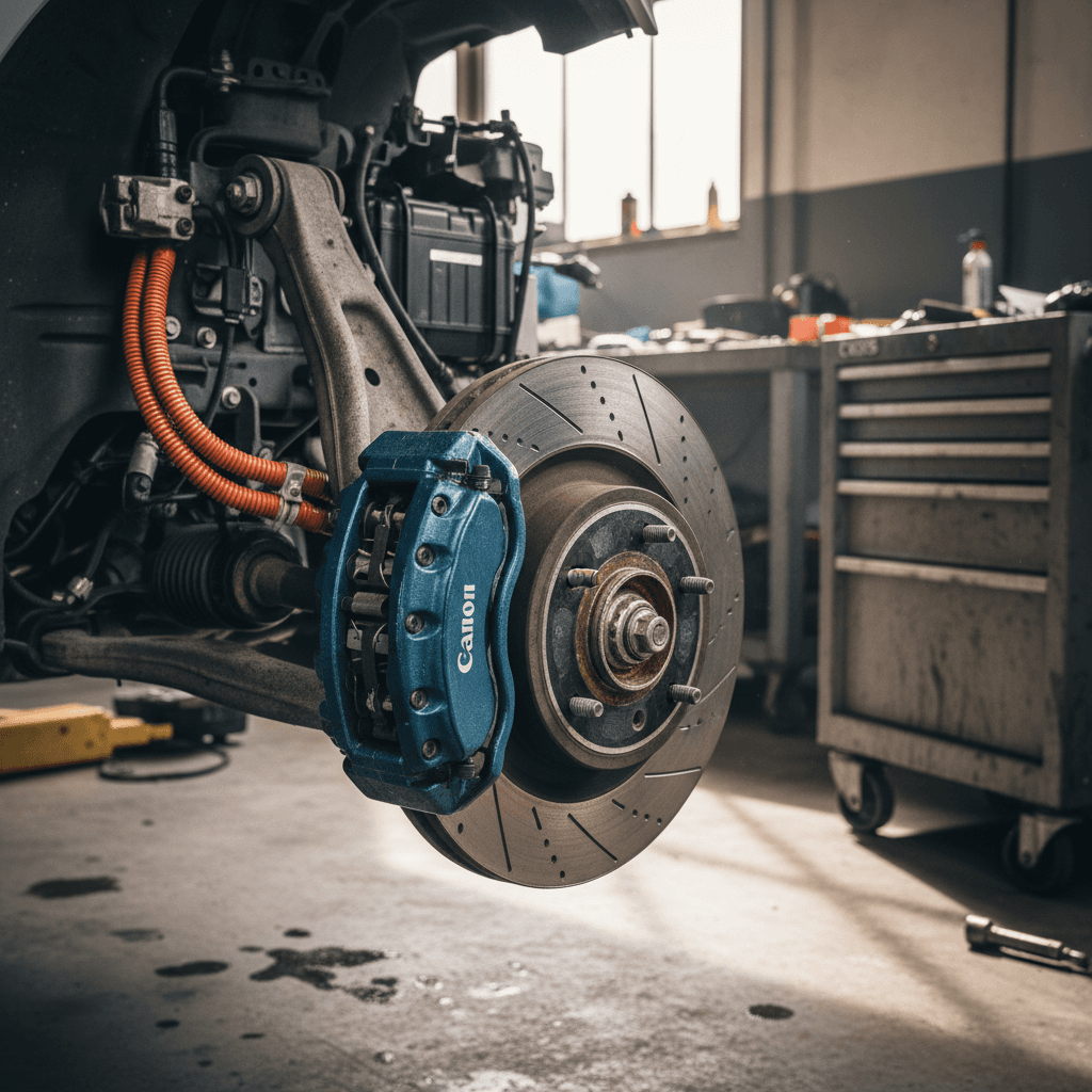 Technician inspecting brake components on an electric car on a lift