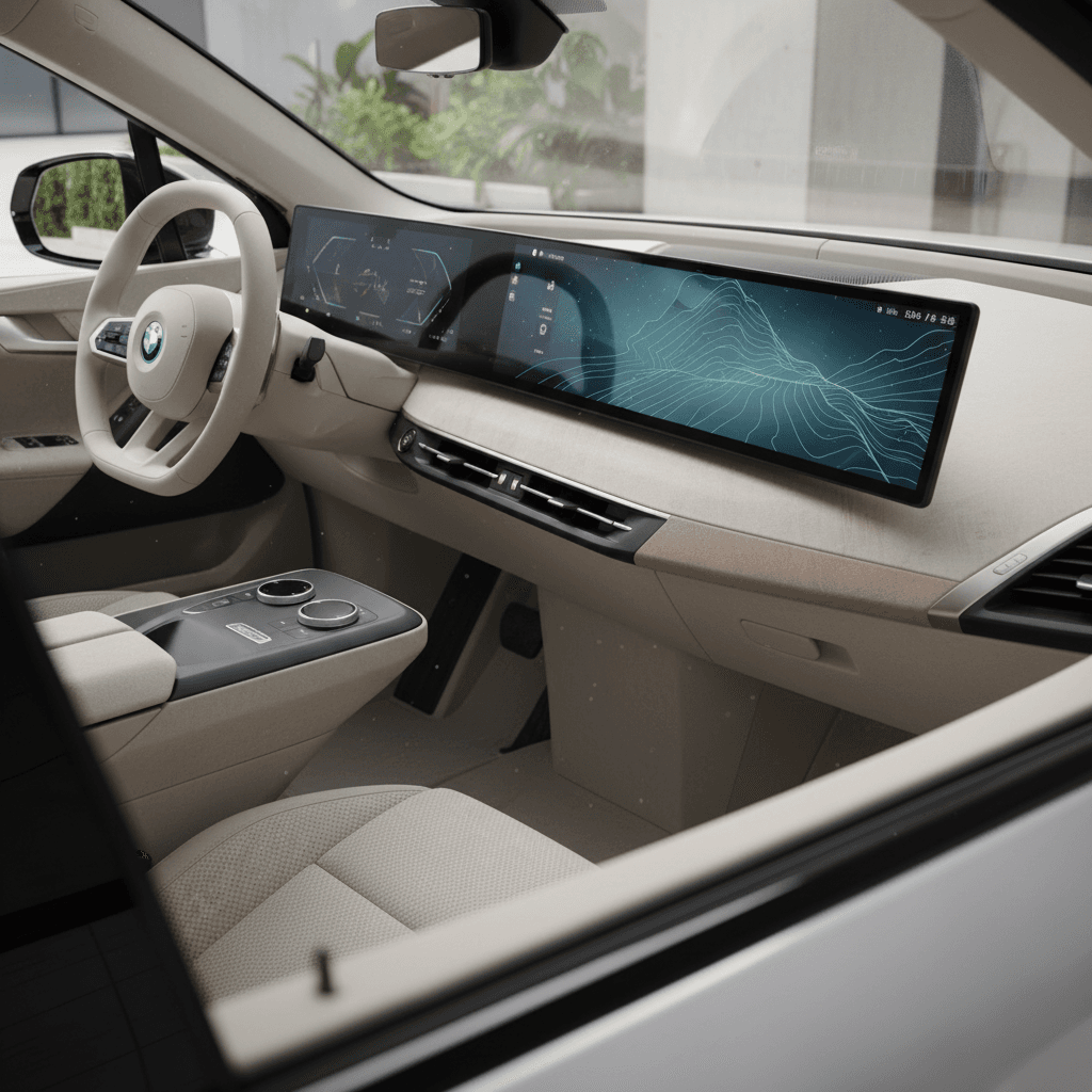 2025 BMW iX interior with dual curved screens and lounge-like seating emphasizing comfort over sportiness