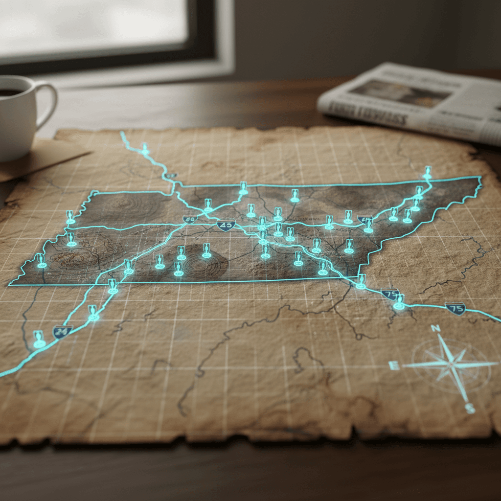 Map-style illustration showing electric car charging stations clustered around major Tennessee cities and interstates