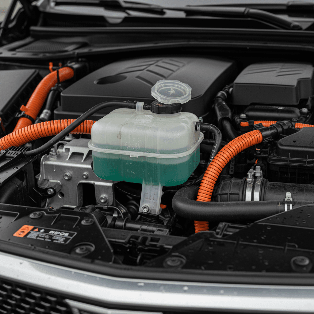 Close-up of an electric SUV engine bay showing coolant reservoir and orange high-voltage cables