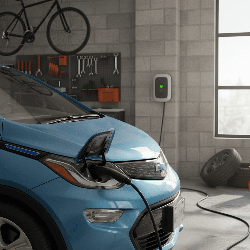 2021 Chevrolet Bolt EV plugged into a Level 2 home charger in a tidy modern garage