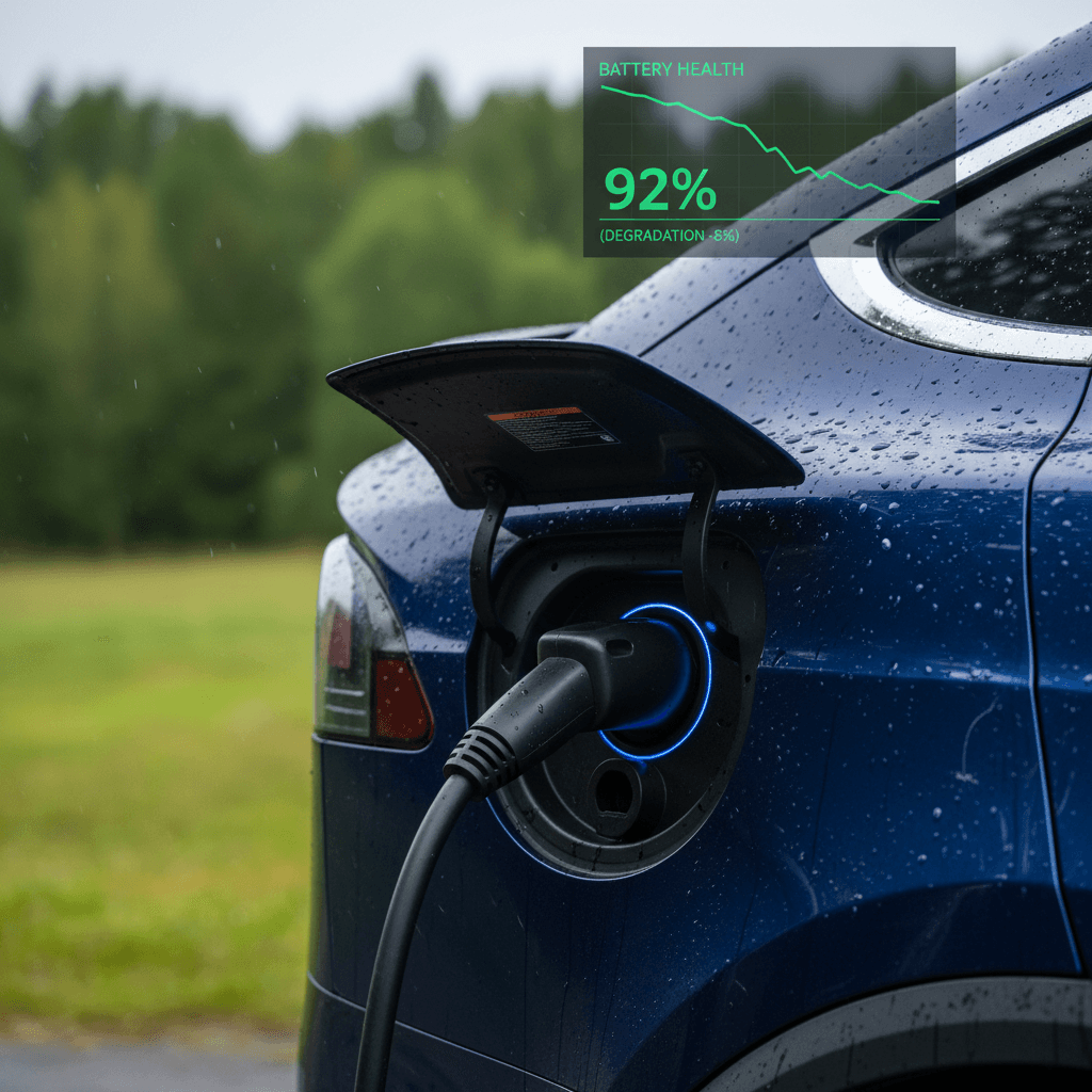 Close-up of a Tesla Model X charging port with an overlay showing battery health and range data on a tablet