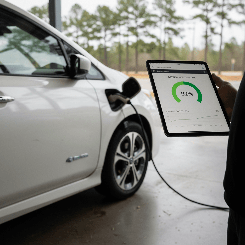 EV specialist using a tablet to show a detailed battery health report while inspecting a used electric car