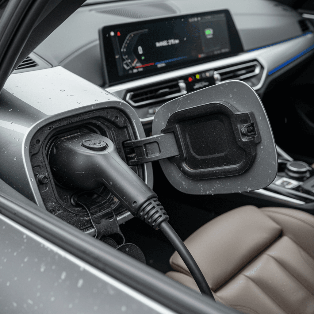 Charging port and connector of a used BMW i4 with the digital dashboard showing estimated range while charging