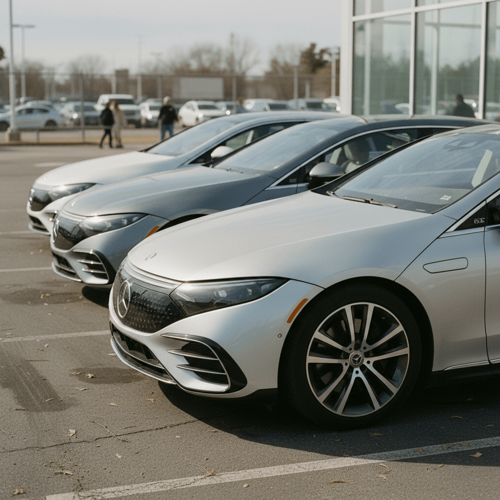 Row of used Mercedes EQS electric sedans parked at a dealership lot in 2026