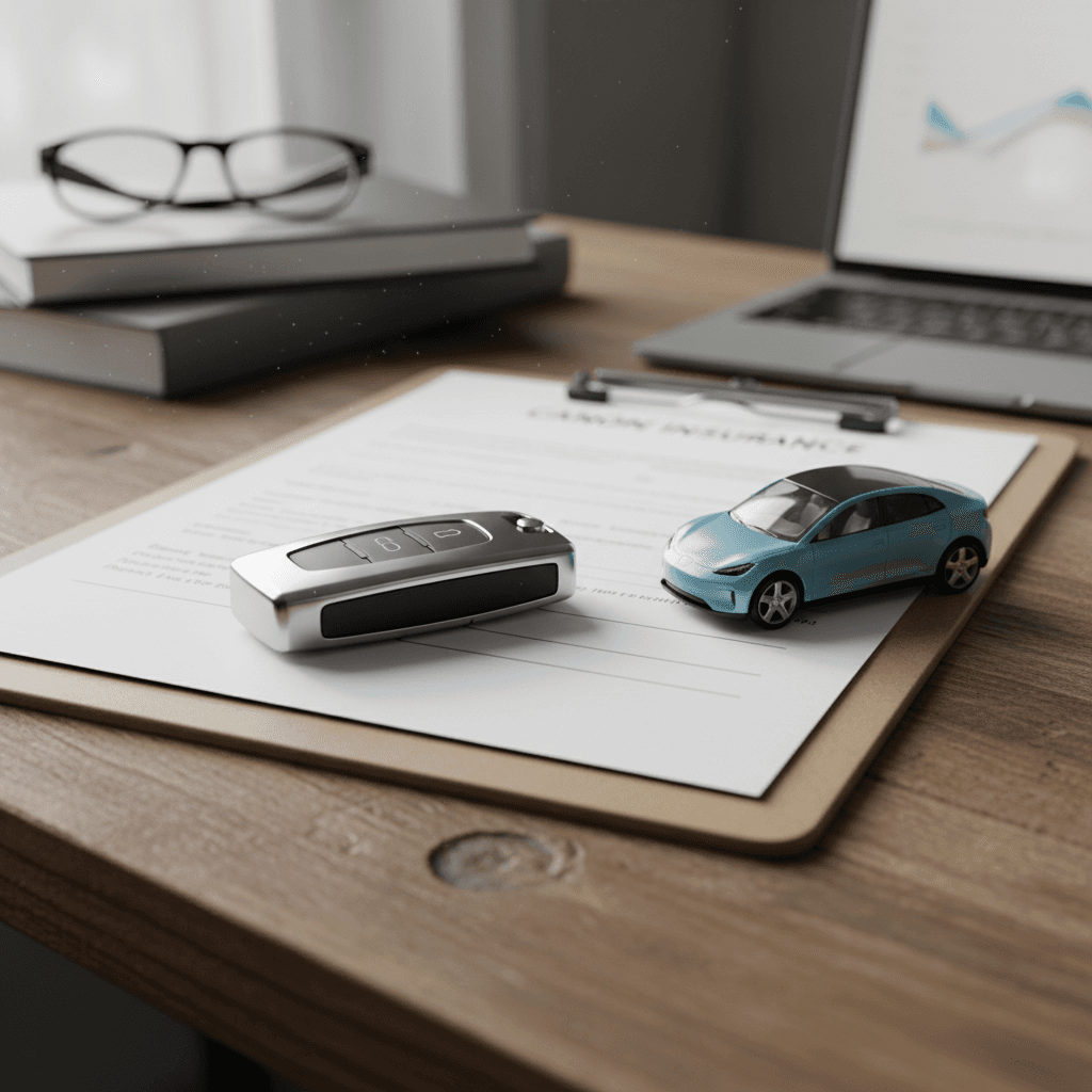 Car insurance policy form, pen and toy electric car model arranged on a desk, illustrating EV insurance planning