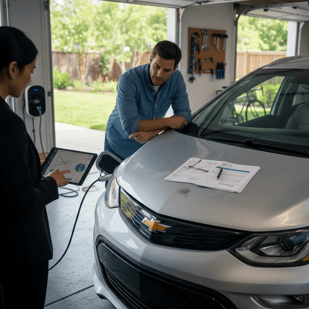 Insurance agent and Chevy Bolt EV owner reviewing coverage options next to the vehicle