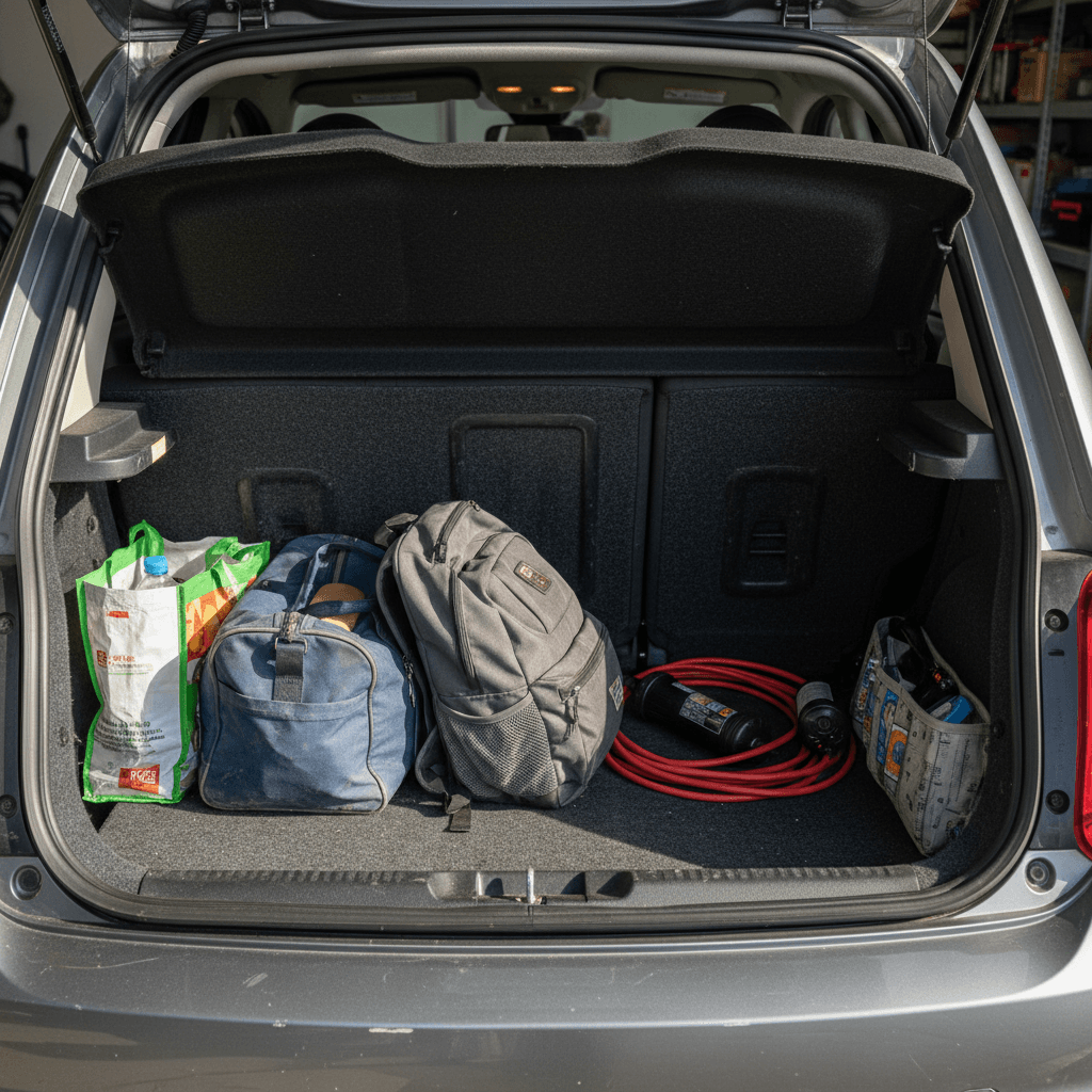 Fiat 500e rear hatch open with rear seats folded, showing a couple of suitcases and duffel bags in the cargo area