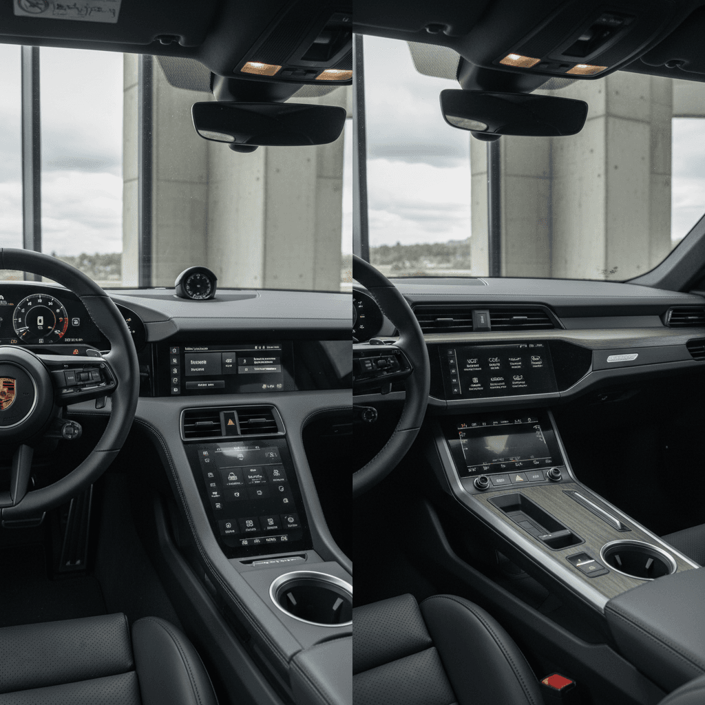 Side-by-side view of Porsche Taycan and Audi e-tron GT interiors highlighting screens and controls