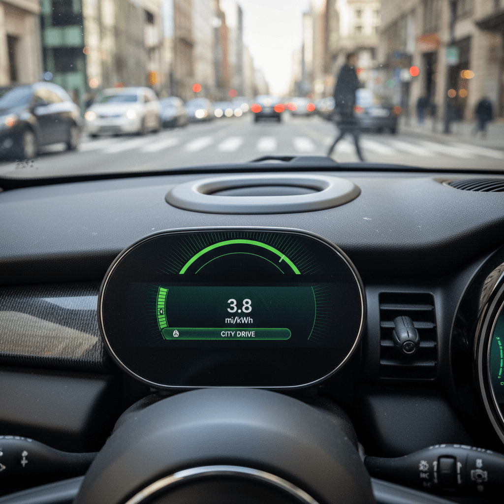 Mini Cooper SE dashboard showing energy consumption in miles per kWh during urban driving