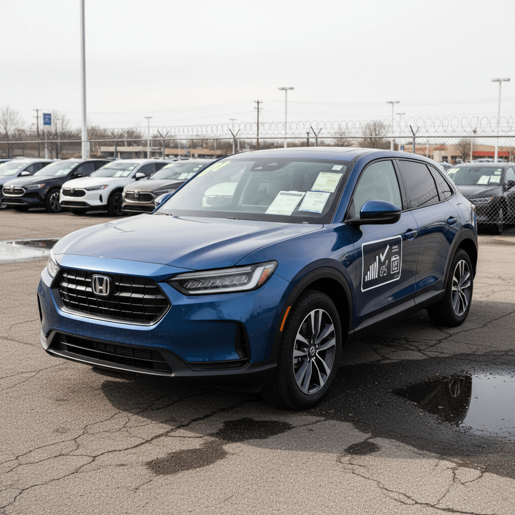 Used Honda Prologue electric SUV parked at a dealership with price stickers in the windshield, highlighting current resale values