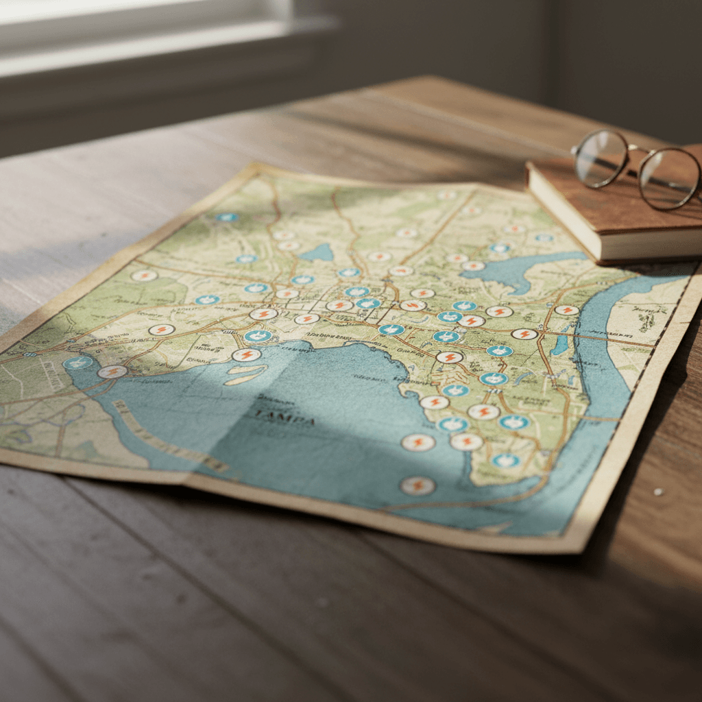 Simplified map of the Tampa Bay area highlighting clusters of public EV charging stations around downtown, interstates, and shopping areas.