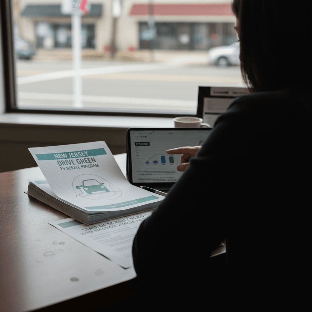 Car buyer in a New Jersey dealership reviewing electric vehicle rebate paperwork with a salesperson