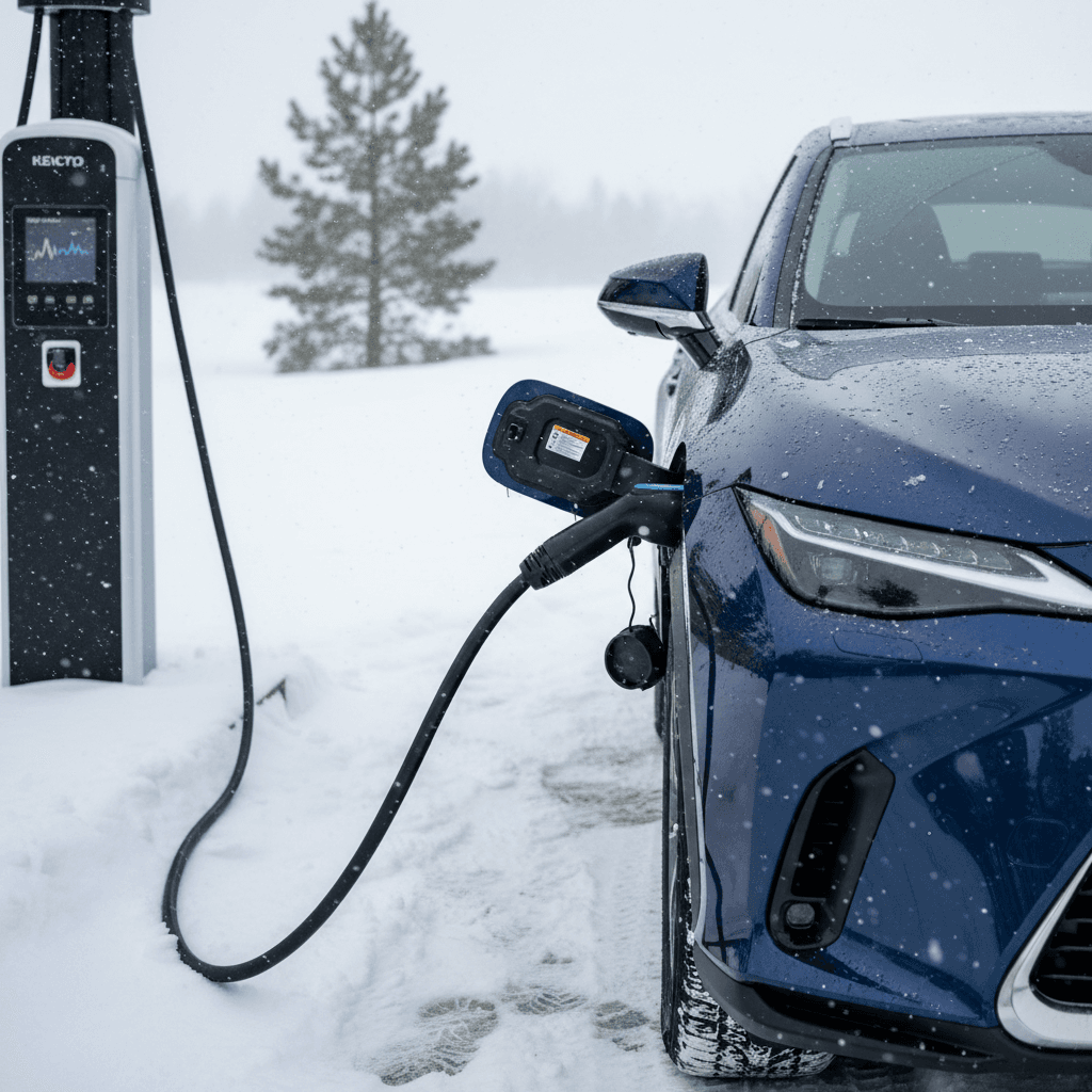 Lexus RZ 450e charging at a public DC fast charger during winter with snow on the ground