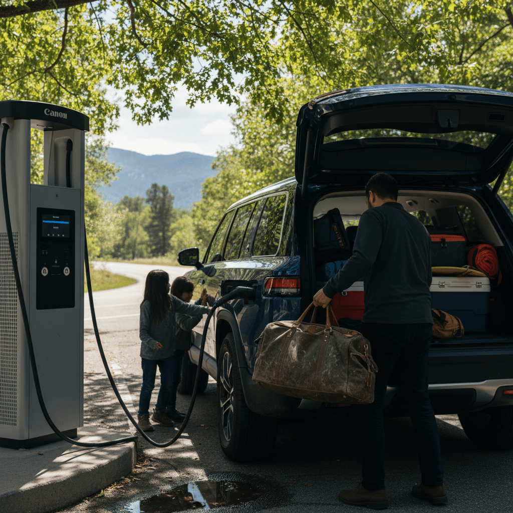 Rivian R1S charging at a fast charger while a family loads luggage, illustrating real-world long-term EV use