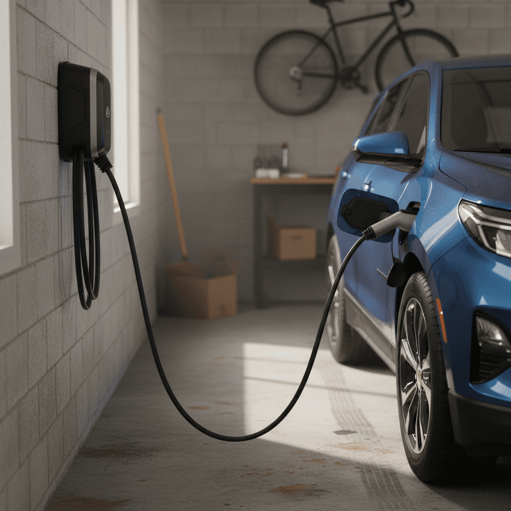 Wall-mounted Level 2 home EV charger plugged into a Chevrolet Equinox EV in a residential garage