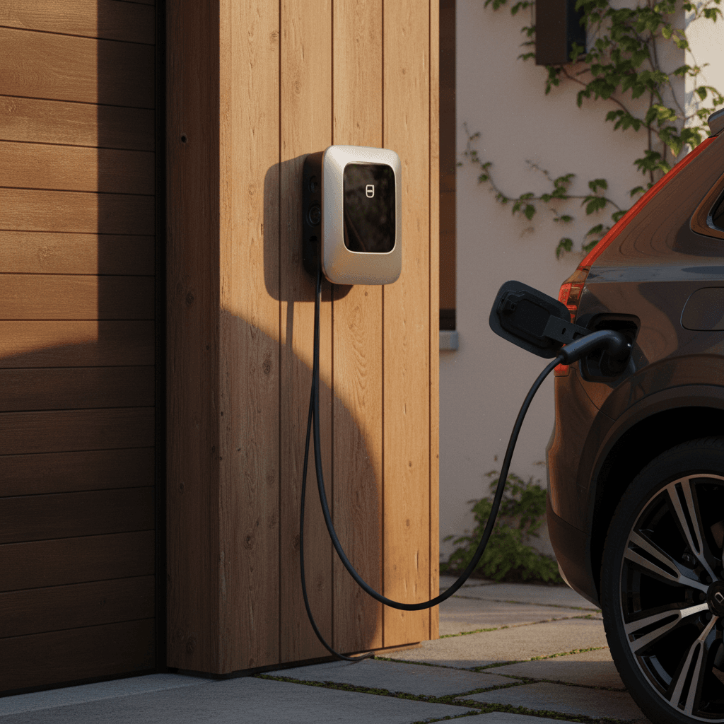 Volvo EX90 plugged into a home wallbox charger in a modern driveway, emphasizing the cost advantage of home charging