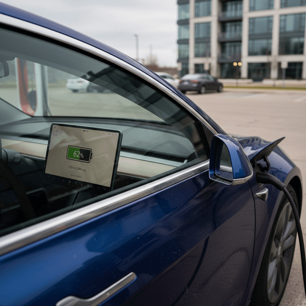 Used Tesla Model 3 plugged into a DC fast charger while the driver checks remaining range on the center screen