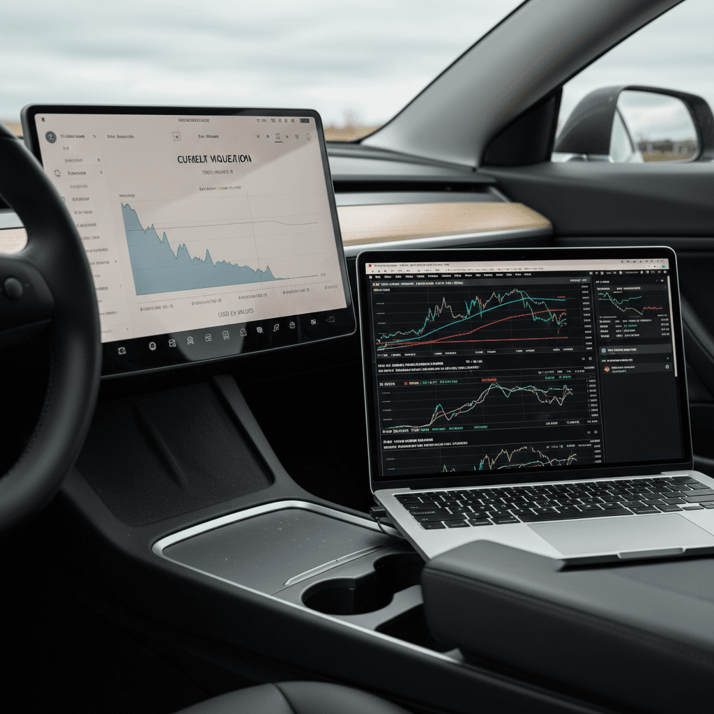 Row of used Tesla Model Y SUVs parked at a dealership lot, highlighting resale value differences