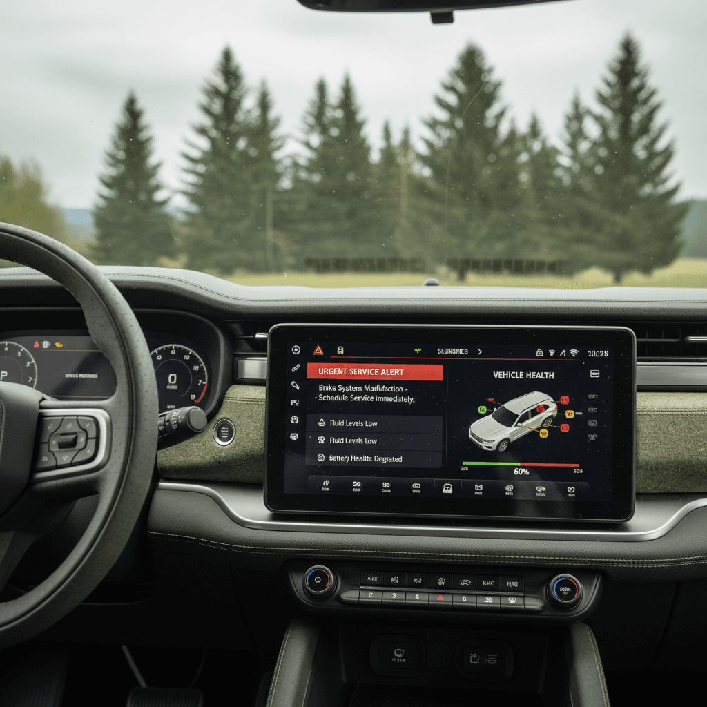 Rivian R1S interior dashboard with warning indicators and service alert banner on the center touchscreen