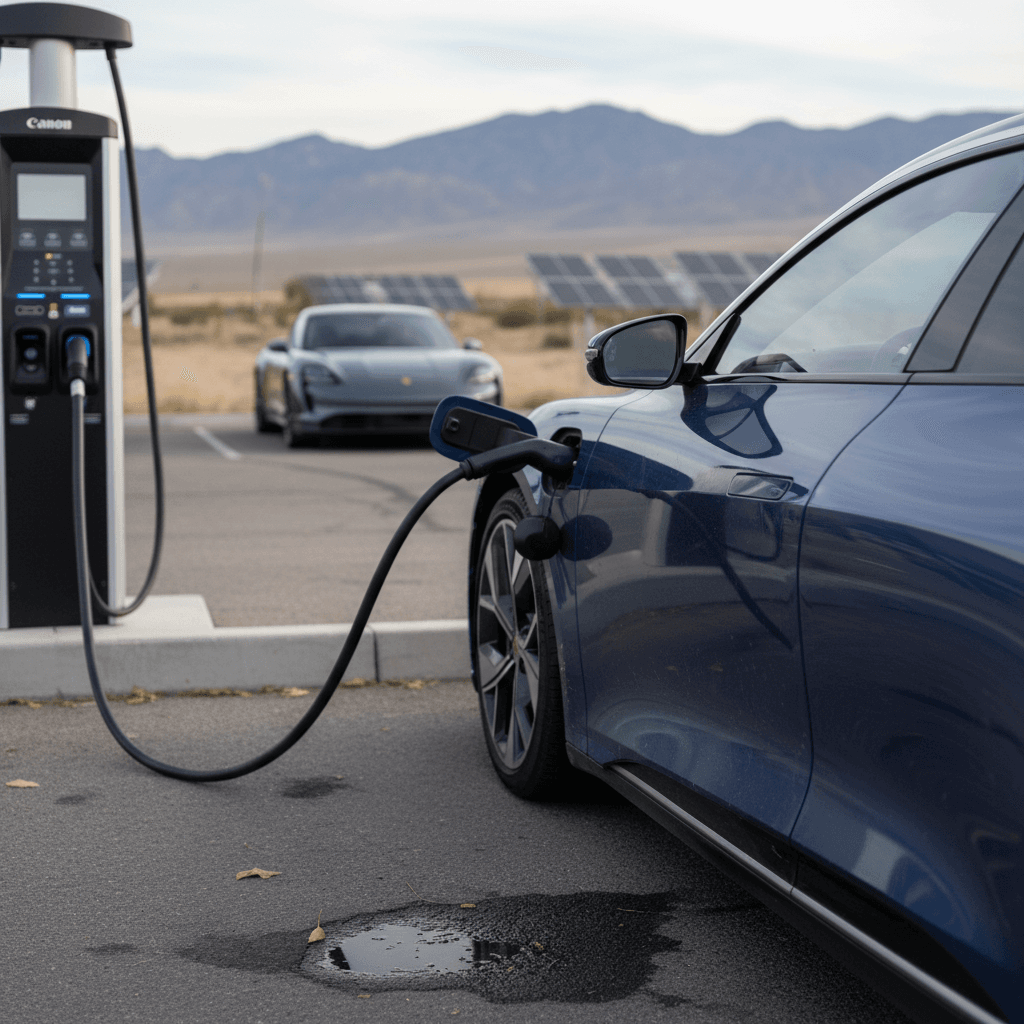 Used luxury electric sedan plugged into a high-power DC fast charger at a highway charging station