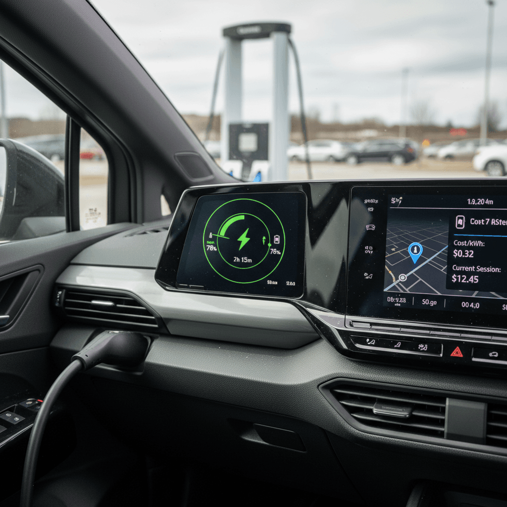 Volkswagen ID.4 interior screens showing energy consumption while plugged in at a public charging station