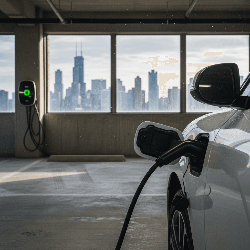 Electric car plugged into a Level 2 charger in a Chicago parking garage, with downtown skyline visible through windows