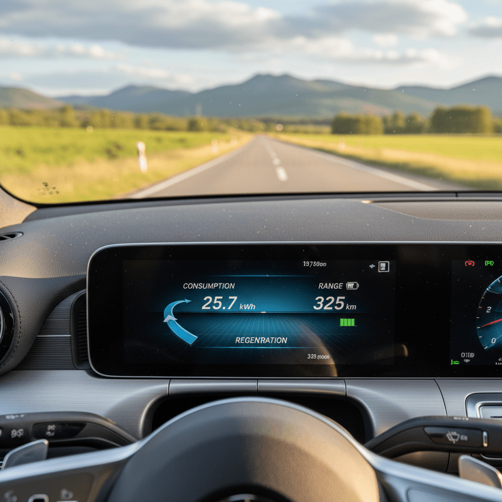 Mercedes EQB digital instrument cluster showing real-time energy use in kWh per 100 miles while driving on the highway
