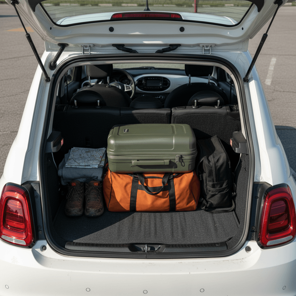 Rear cargo area of a Fiat 500e with rear seats folded and luggage inside
