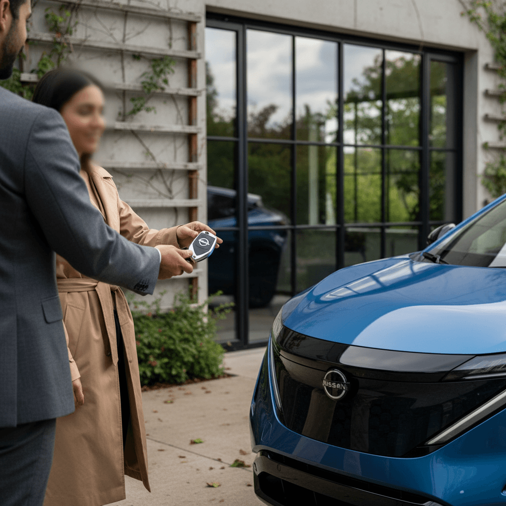 Owner handing keys to a buyer in front of a clean 2025 Nissan Ariya parked at a modern home driveway