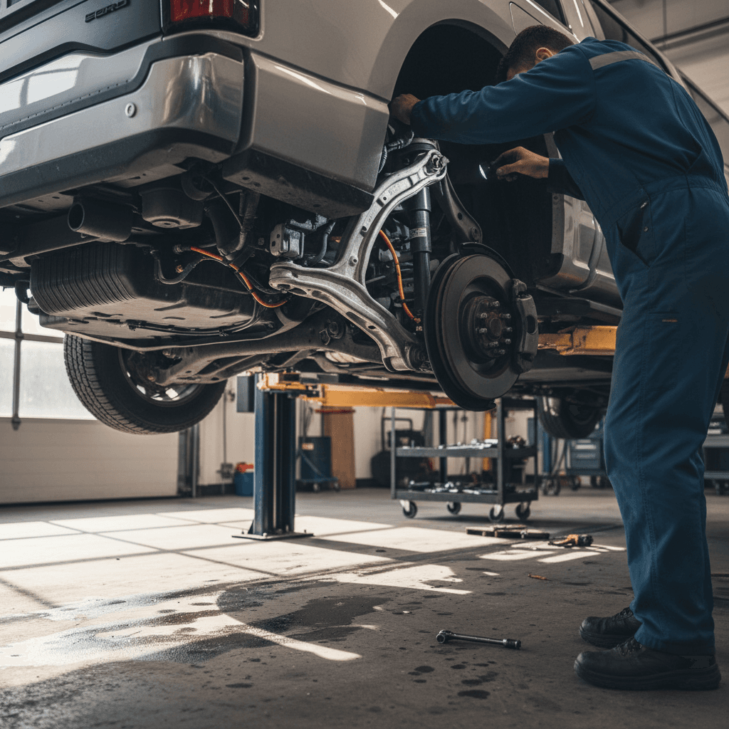 Technician inspecting the front suspension and upper control arm of a Ford F-150 Lightning on a vehicle lift