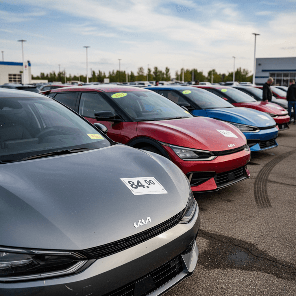 Row of used Kia EV6 crossovers parked at a dealership lot with price stickers visible on the windshields