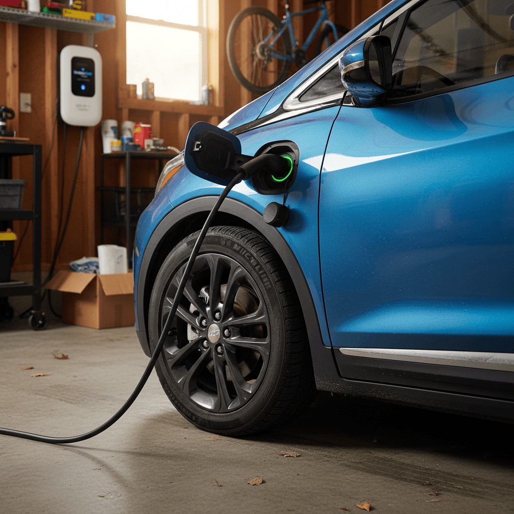 2023 Chevrolet Bolt EV plugged into a home Level 2 wallbox charger, showing the charge port and front wheel